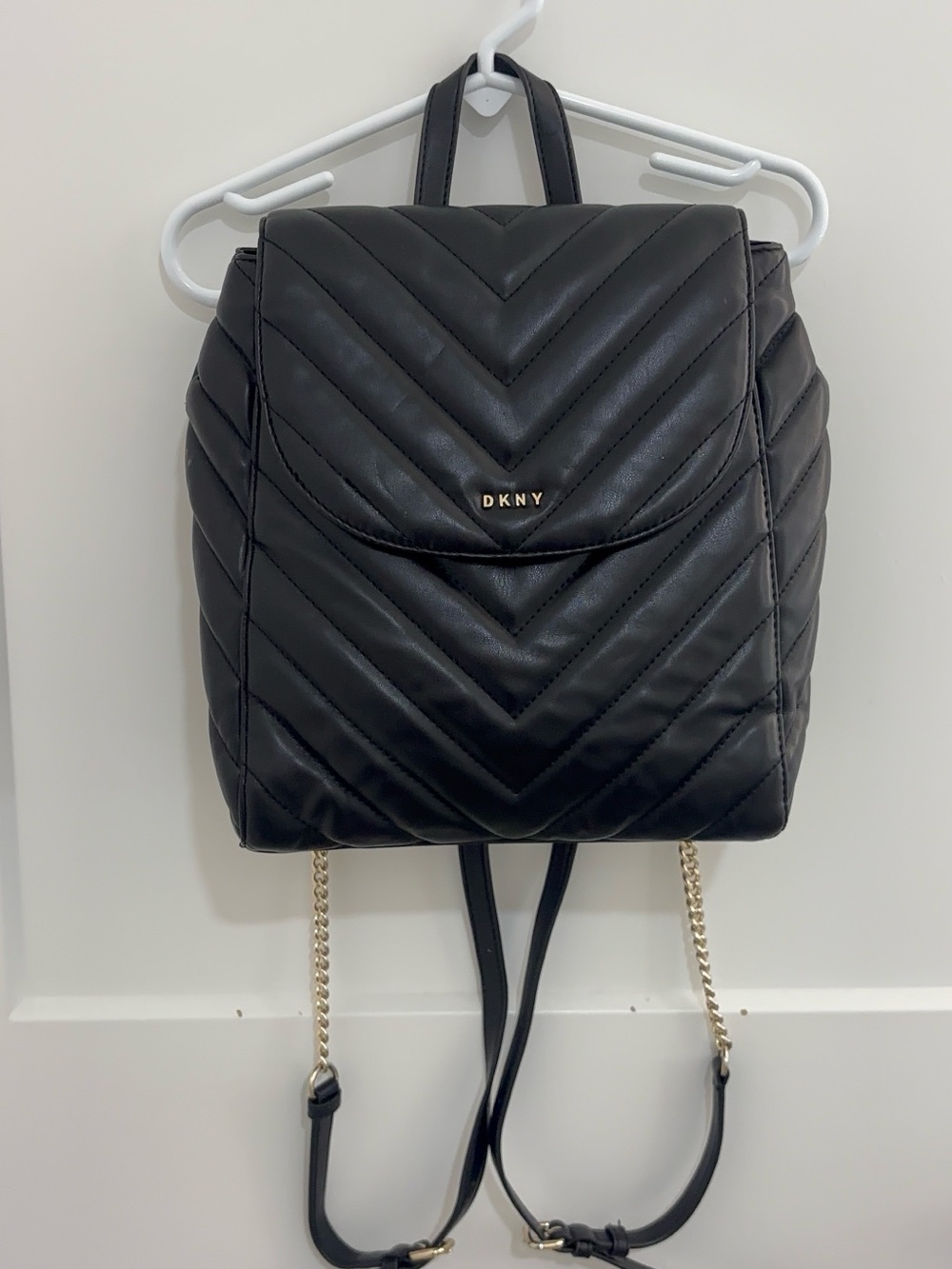 DKNY Black Quilted Chevron Leather Backpack with Gold Accents